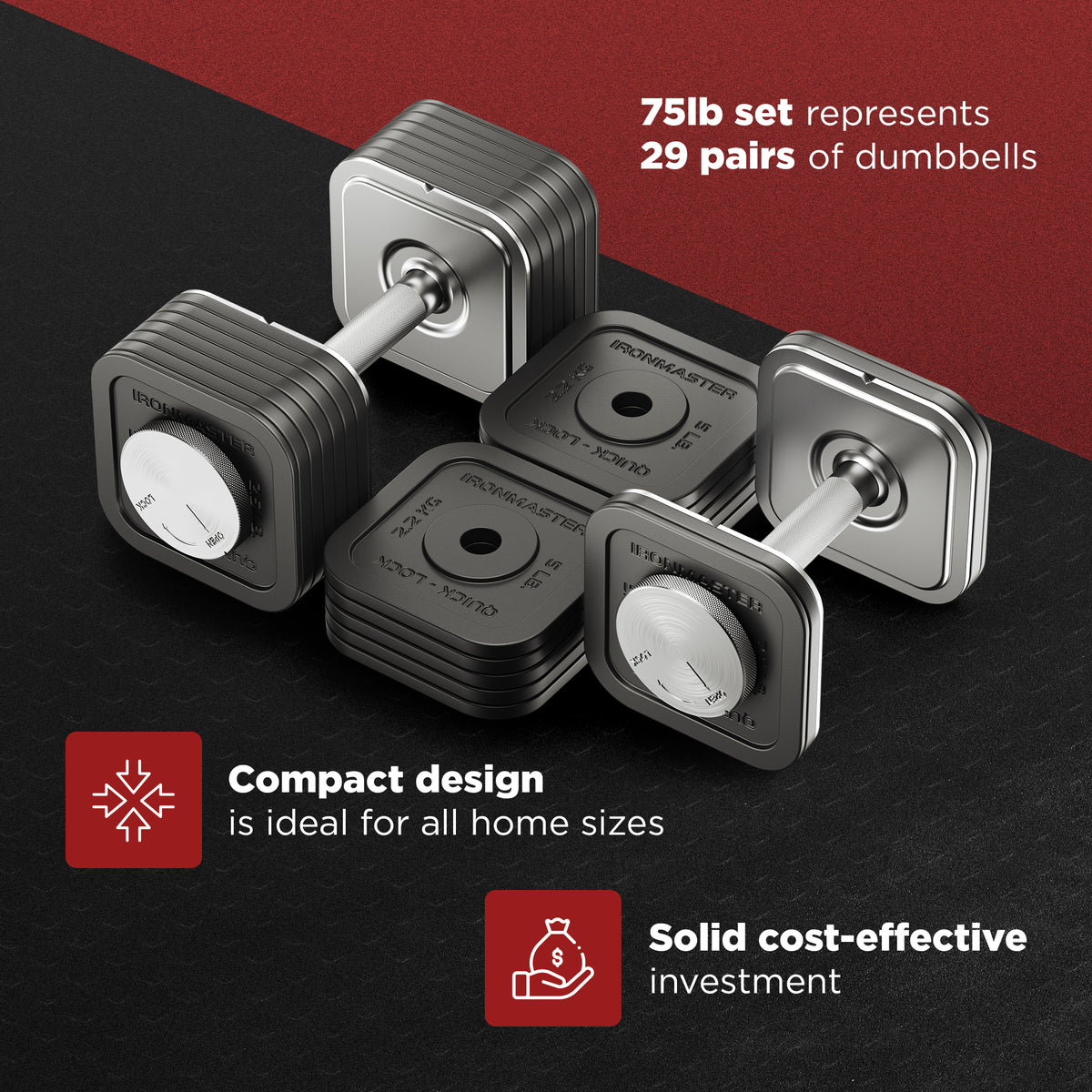 Quick-Lock Adjustable Dumbbell System 75 lb Set