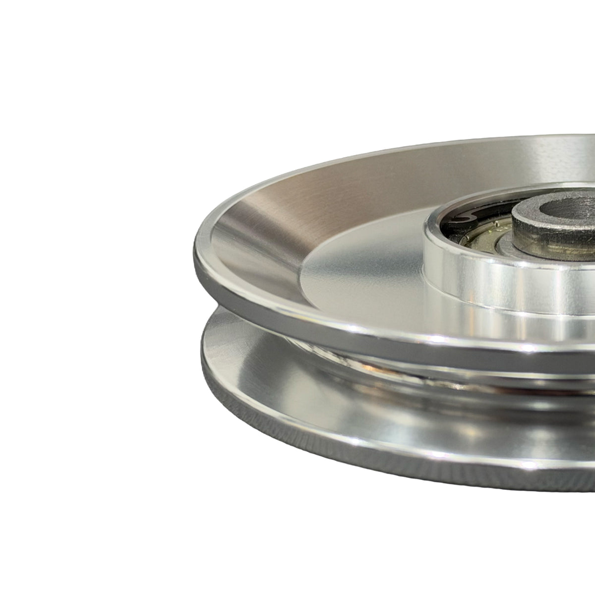 Silver anodized aluminum cable pulley image three-quarter view